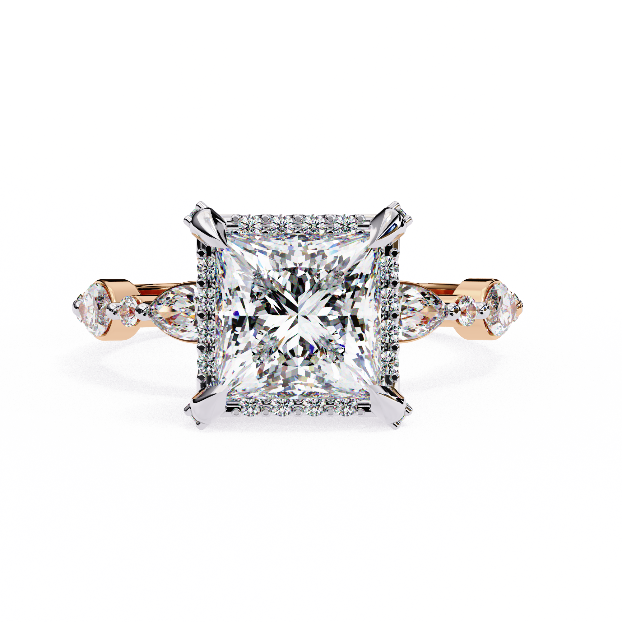 Diamond ring with a rose gold band on a white background