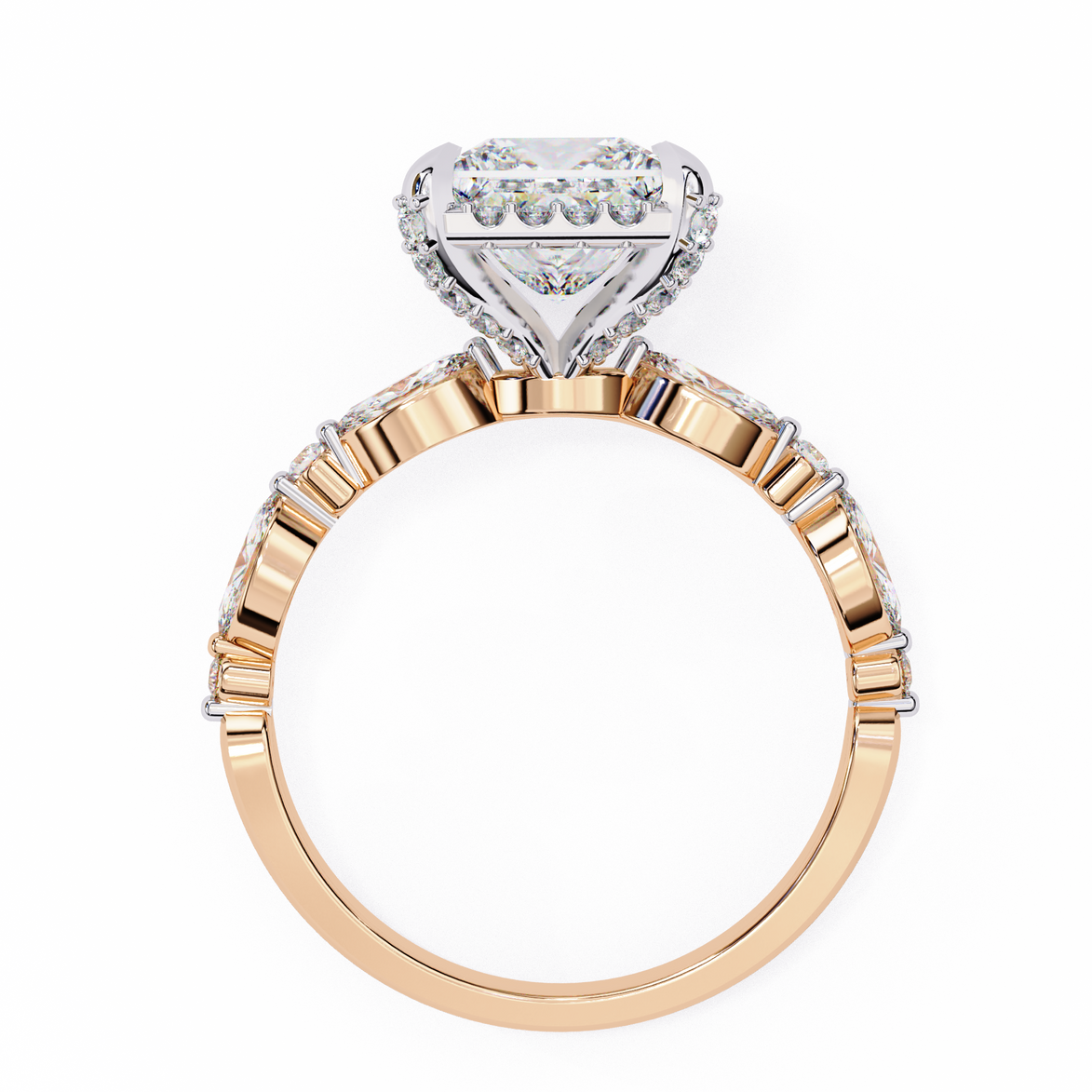 Rose gold ring with diamond on a white background