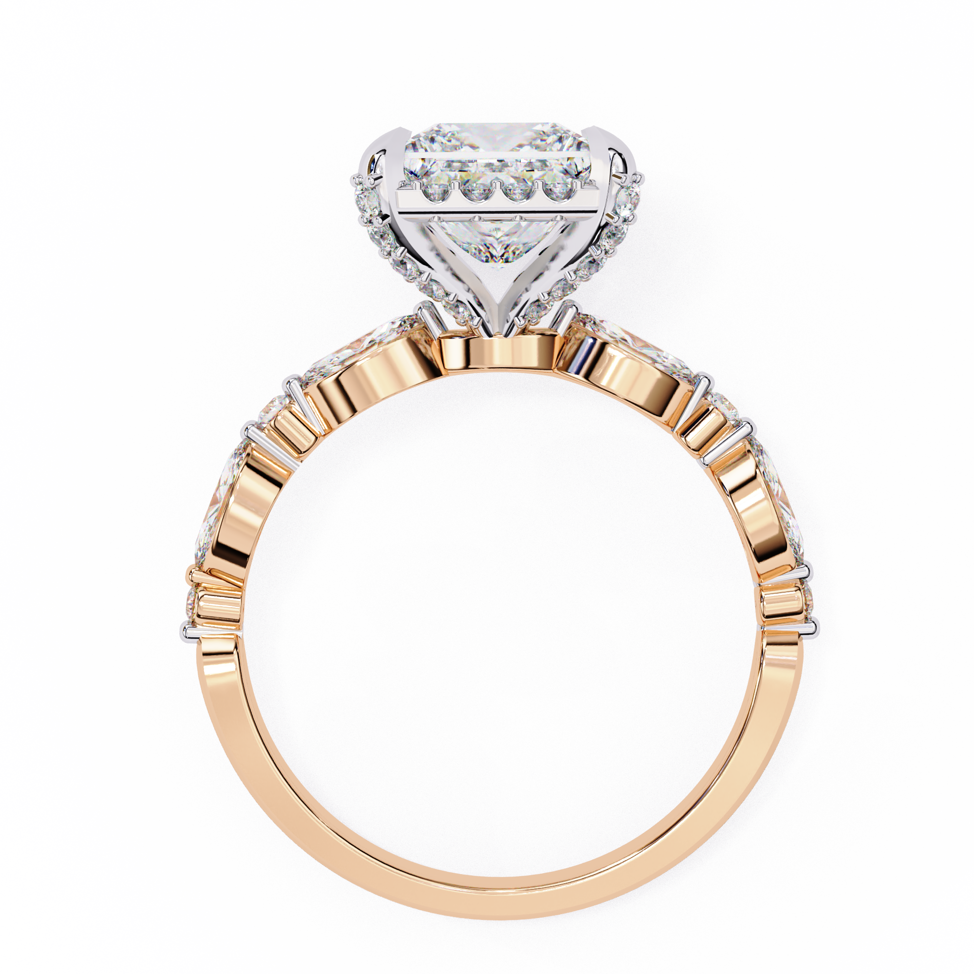 Rose gold ring with diamond on a white background