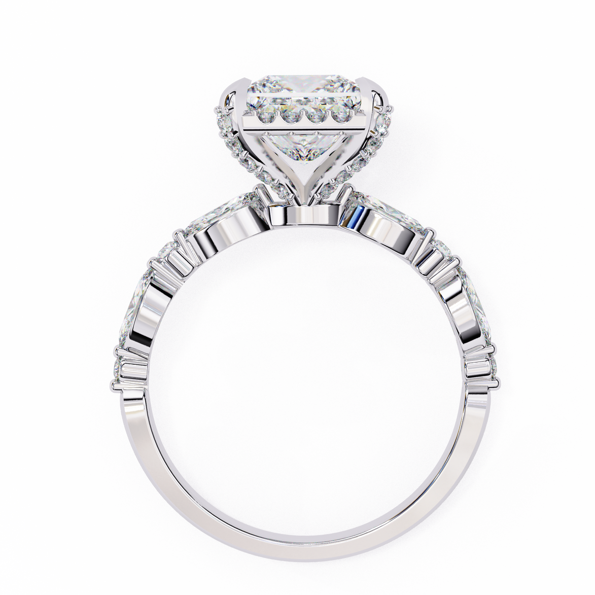 Diamond ring with a heart-shaped center stone on a white background