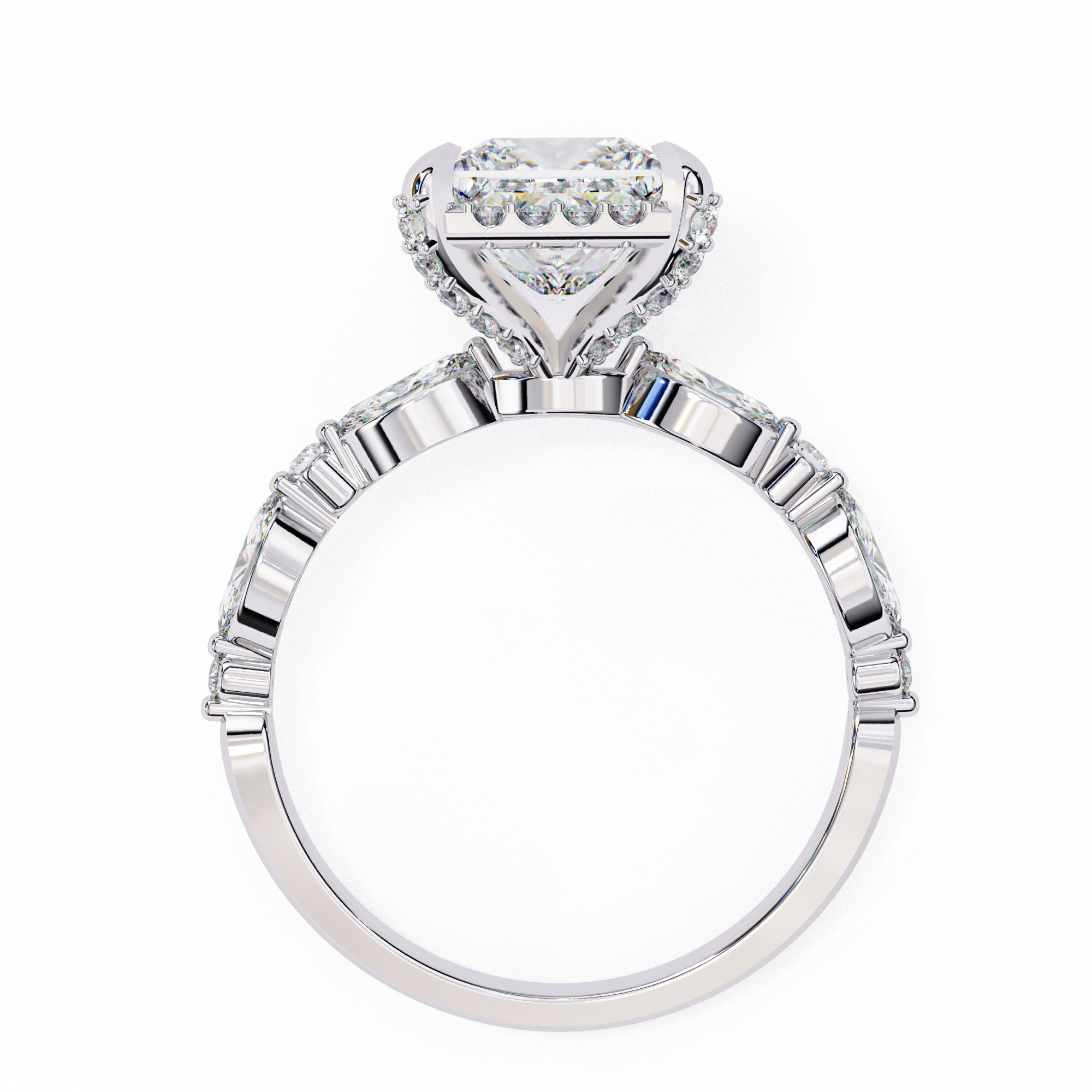 Diamond ring with a heart-shaped center stone on a white background