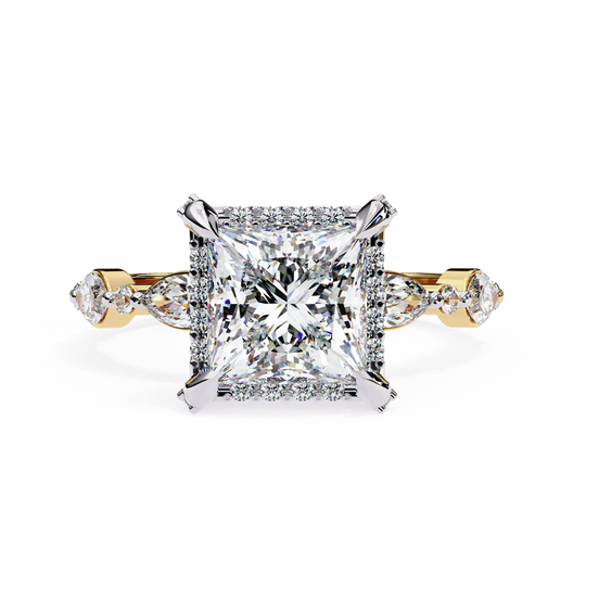 Diamond ring with a rose gold band on a white background