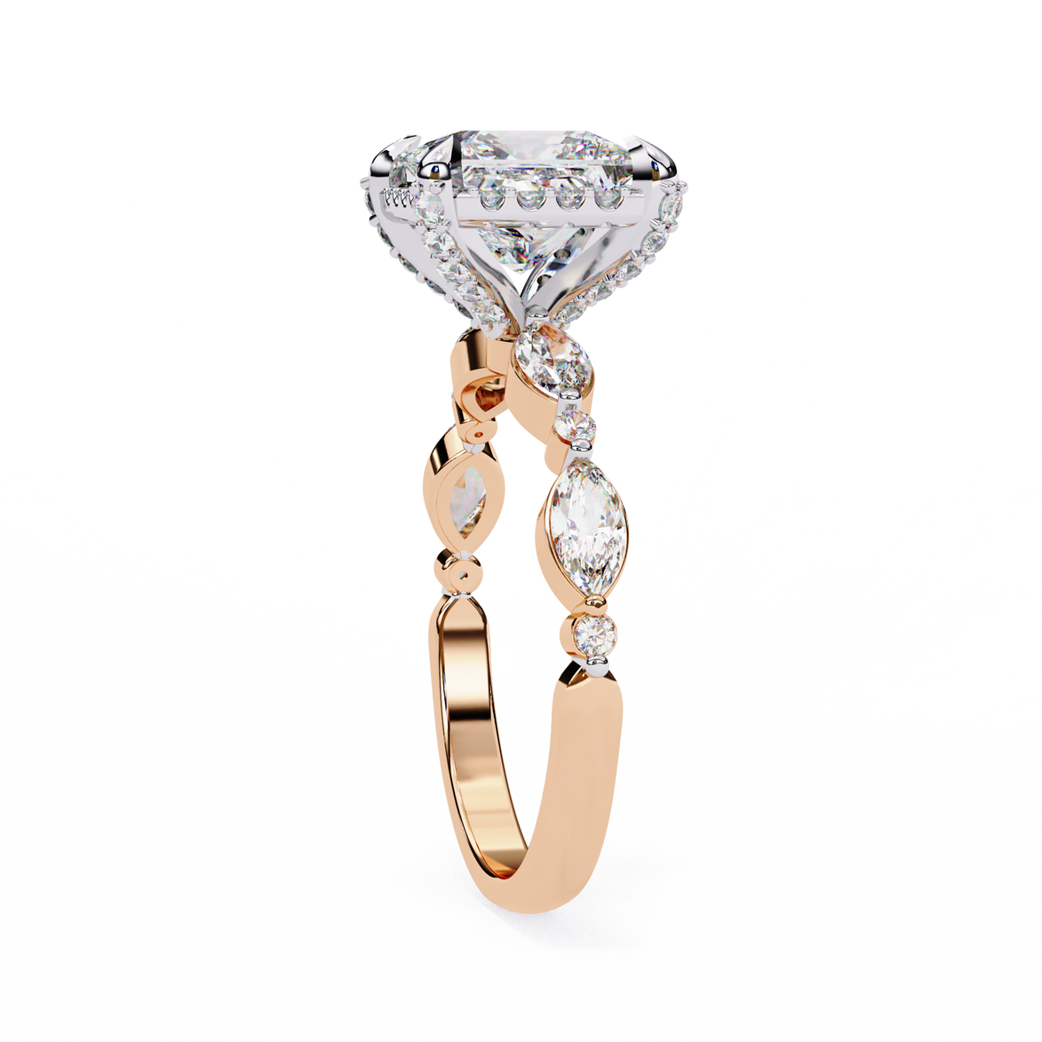 Rose gold ring with diamond accents on a white background