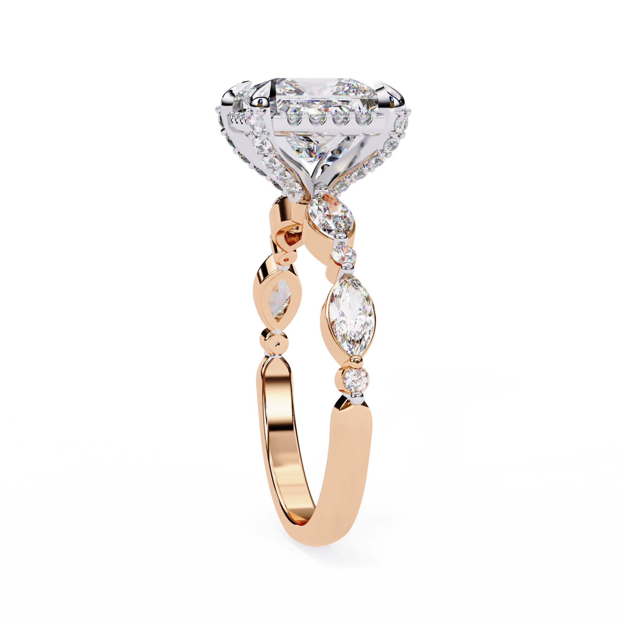 Rose gold ring with diamond accents on a white background