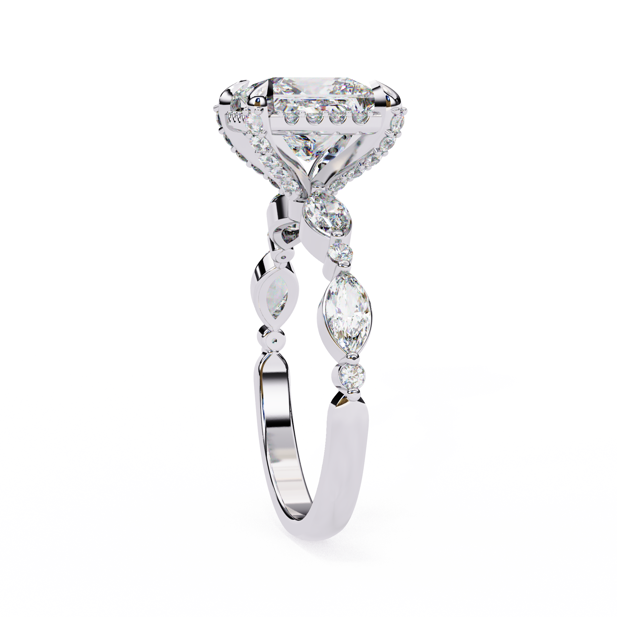 Diamond ring with a pear-shaped center stone on a white background