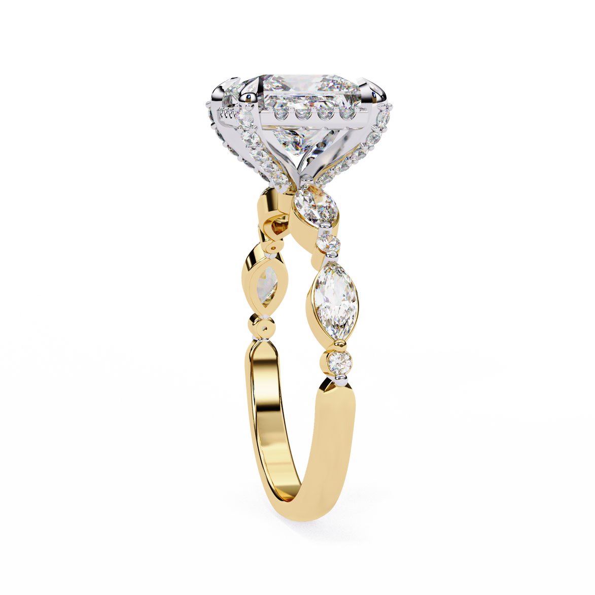 Gold ring with a large diamond and smaller diamonds on a white background
