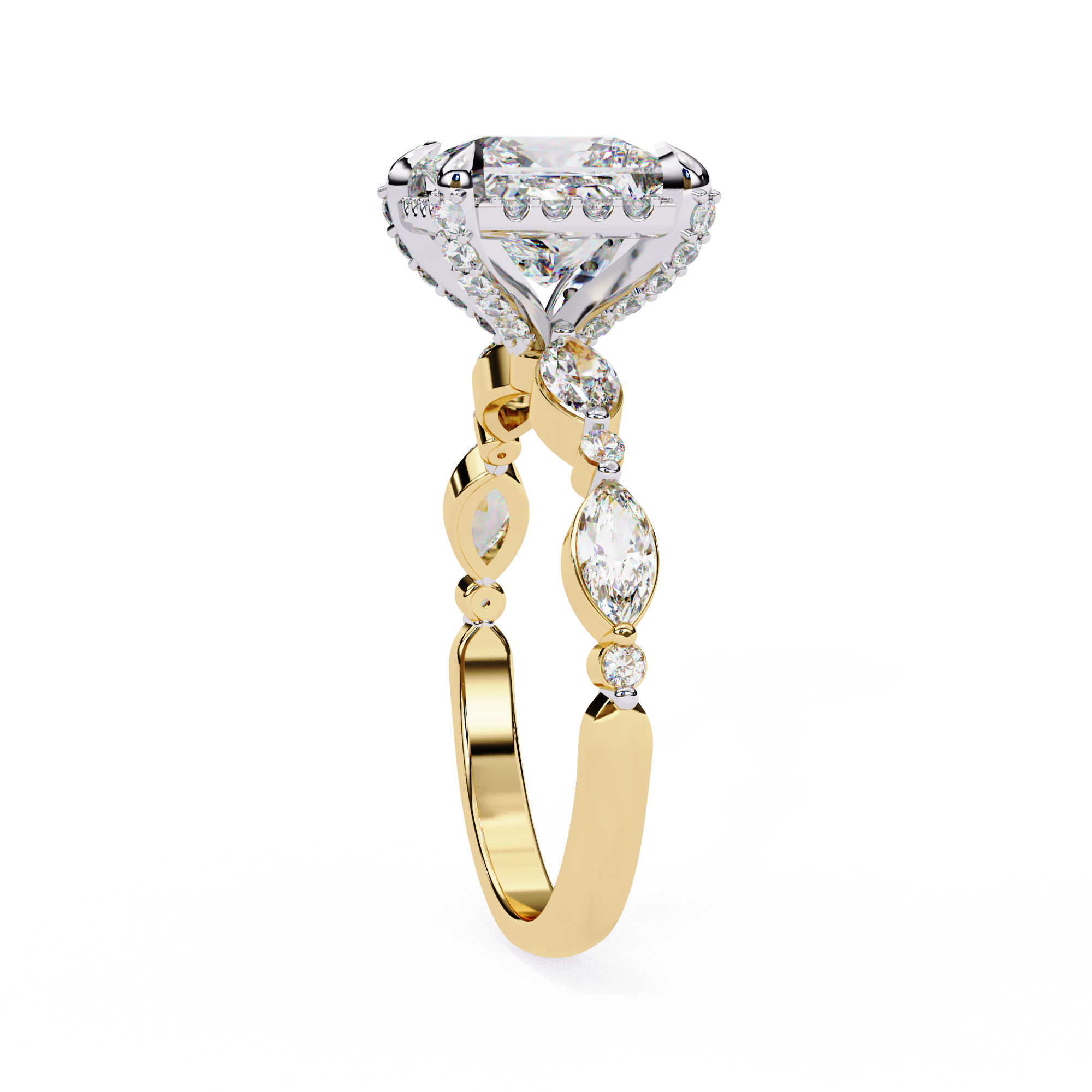 Gold ring with a large diamond and smaller diamonds on a white background