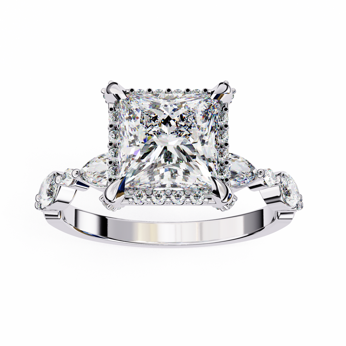 Diamond ring with a prominent princess-cut diamond on a white background