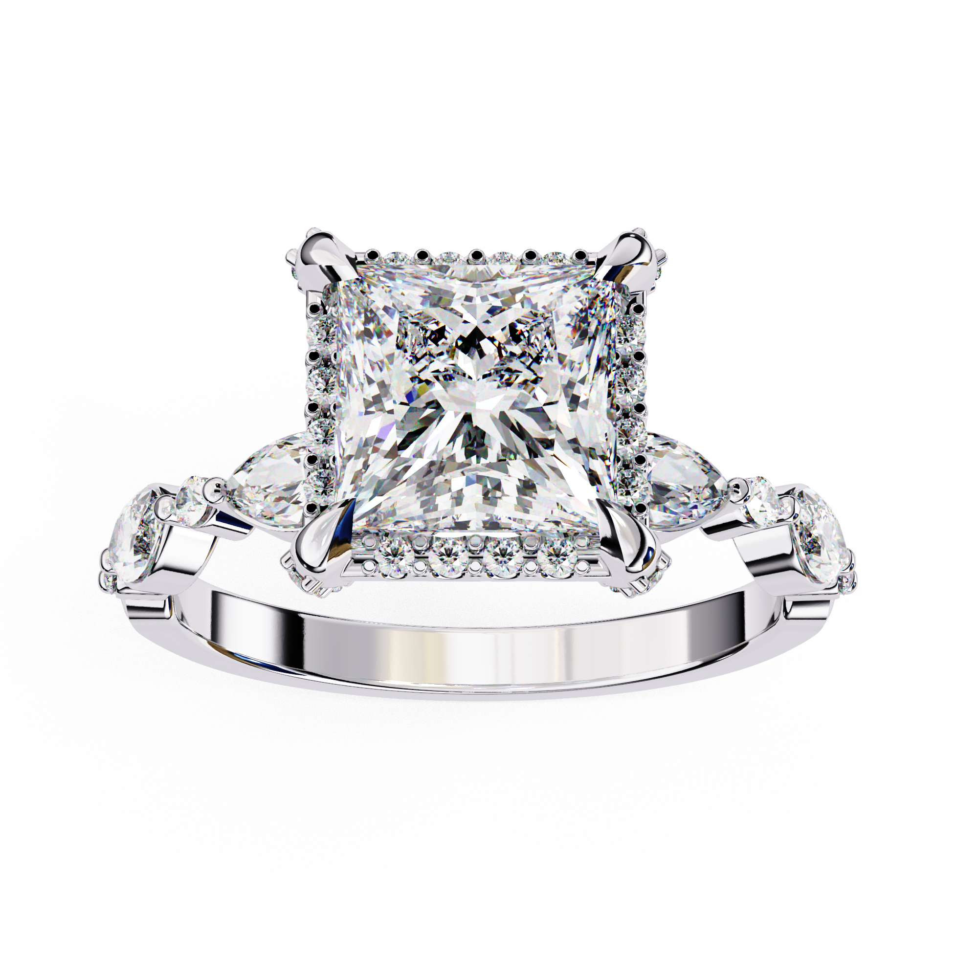 Diamond ring with a prominent princess-cut diamond on a white background