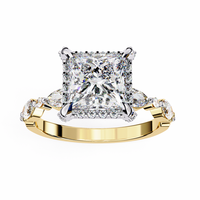 Gold ring with a large diamond and smaller diamonds on the band against a white background
