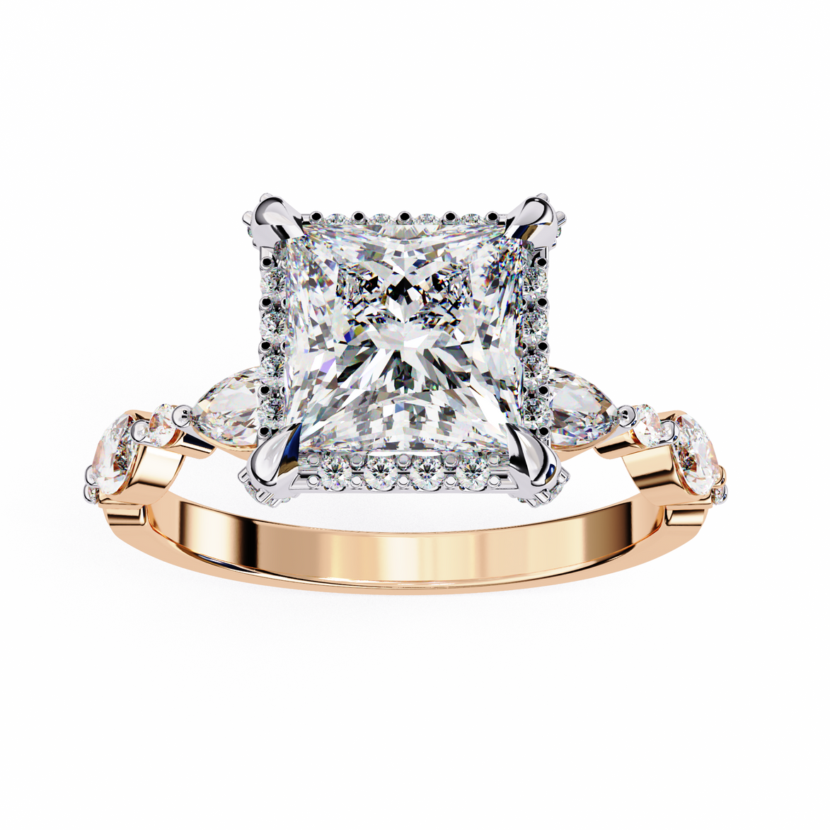 Rose gold ring with a large diamond and smaller diamonds on the sides against a white background