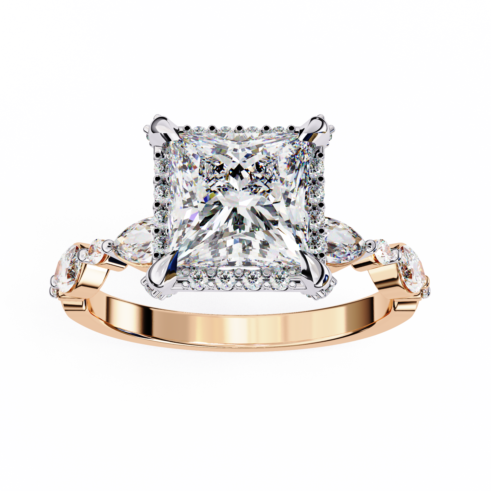 Rose gold ring with a large diamond and smaller diamonds on the sides against a white background
