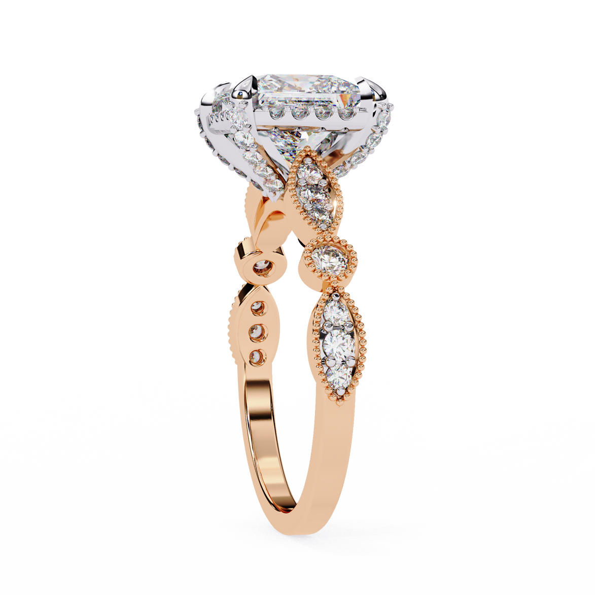 Rose gold ring with diamond accents on a white background
