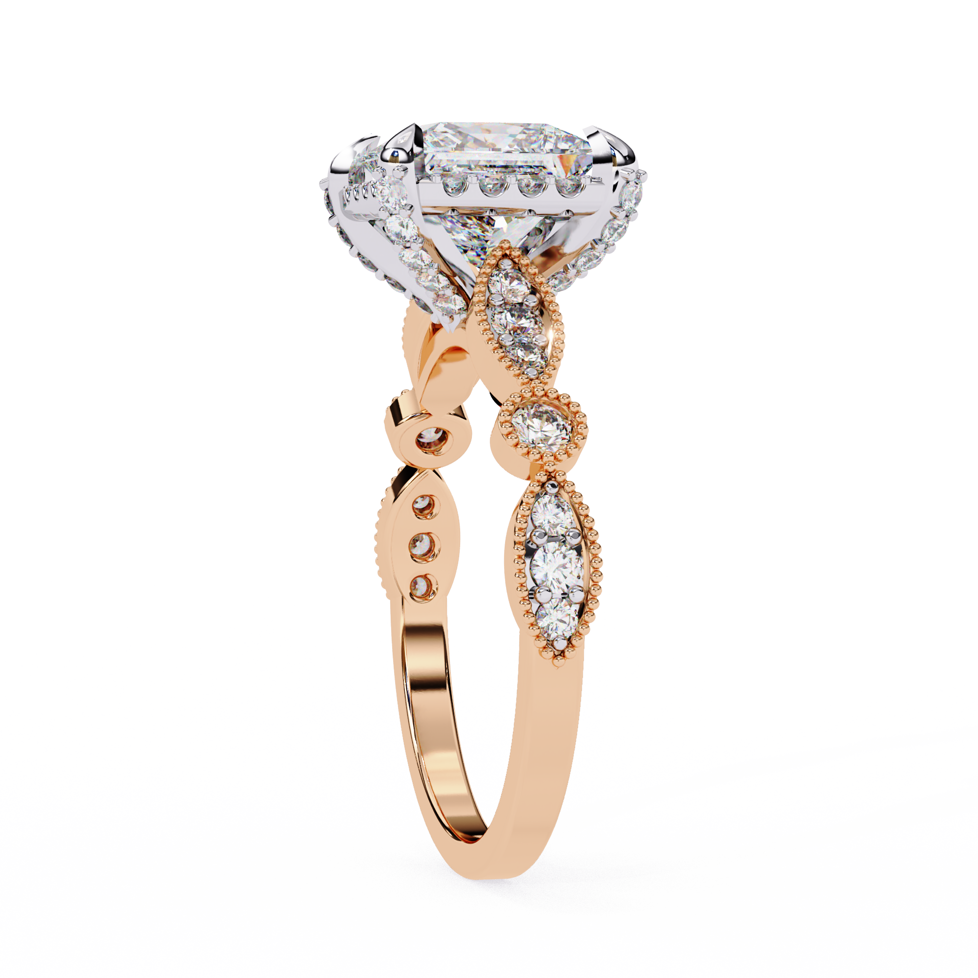 Rose gold ring with diamond accents on a white background