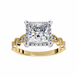Gold ring with a large diamond and smaller diamonds on the band against a white background