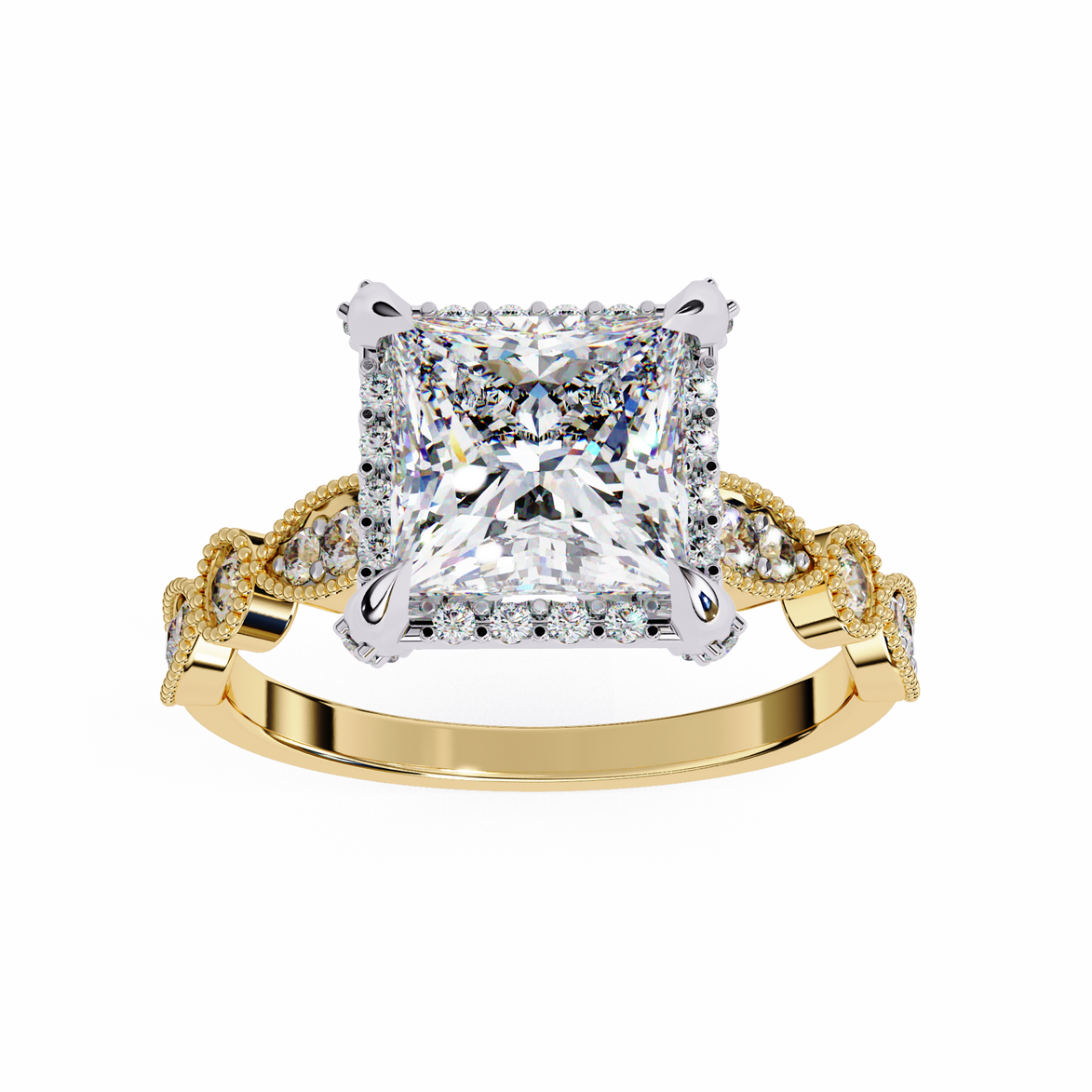 Gold ring with a large diamond and smaller diamonds on the band against a white background