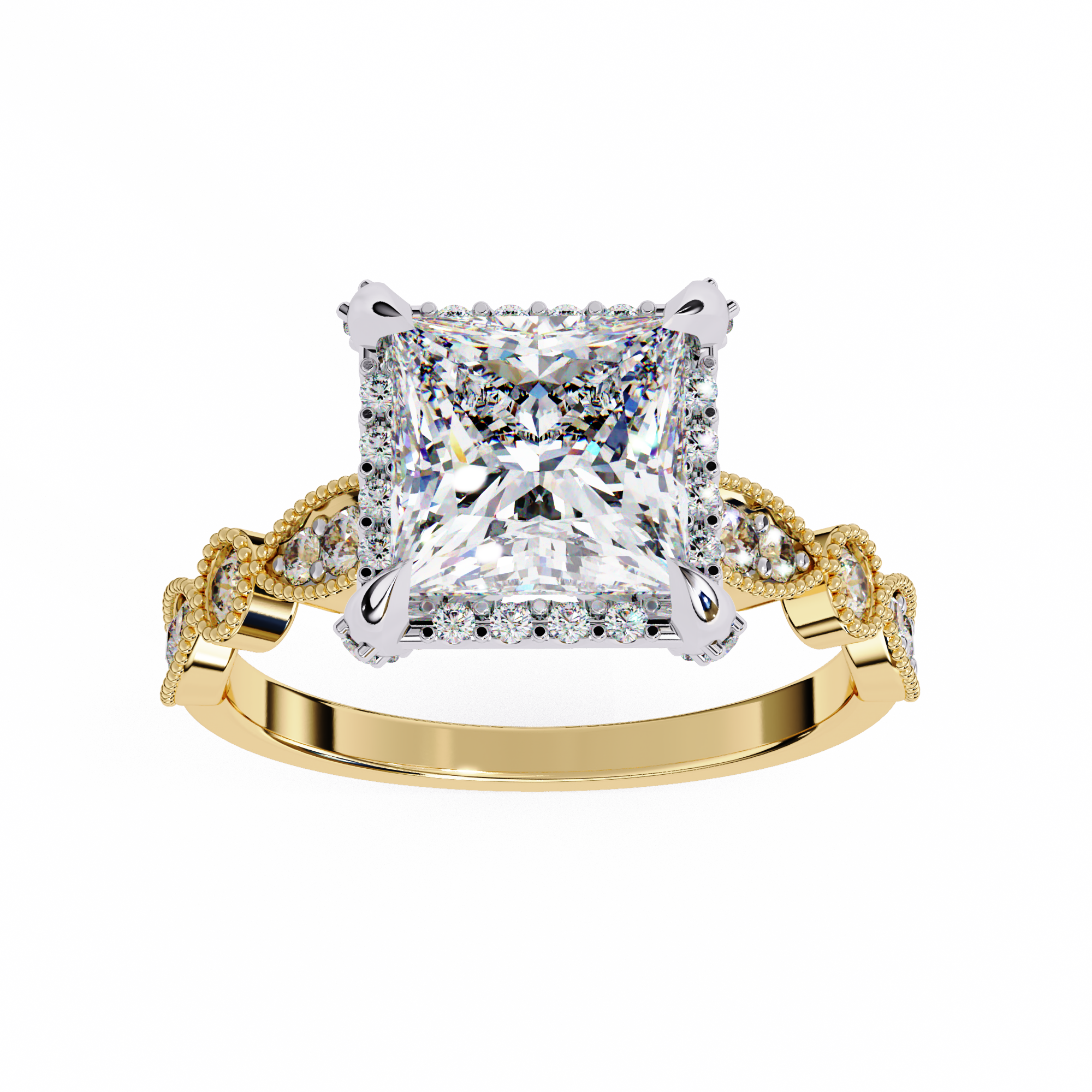 Gold ring with a large diamond and smaller diamonds on the band against a white background