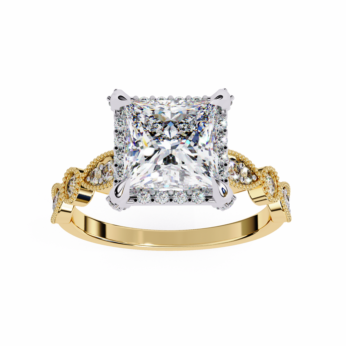 Gold ring with a large diamond and smaller diamonds on the band against a white background