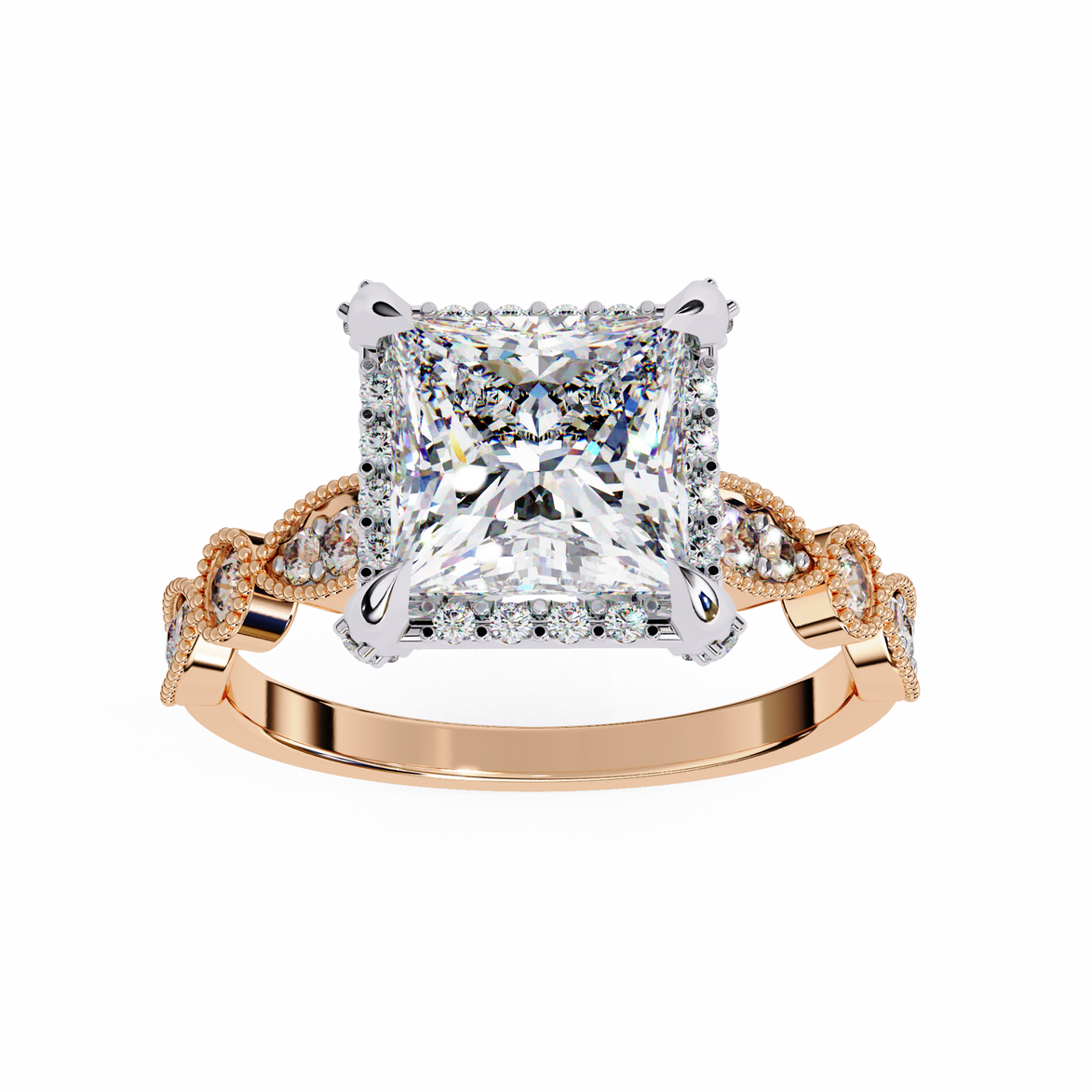 Gold ring with a large diamond and smaller diamonds on the band against a white background
