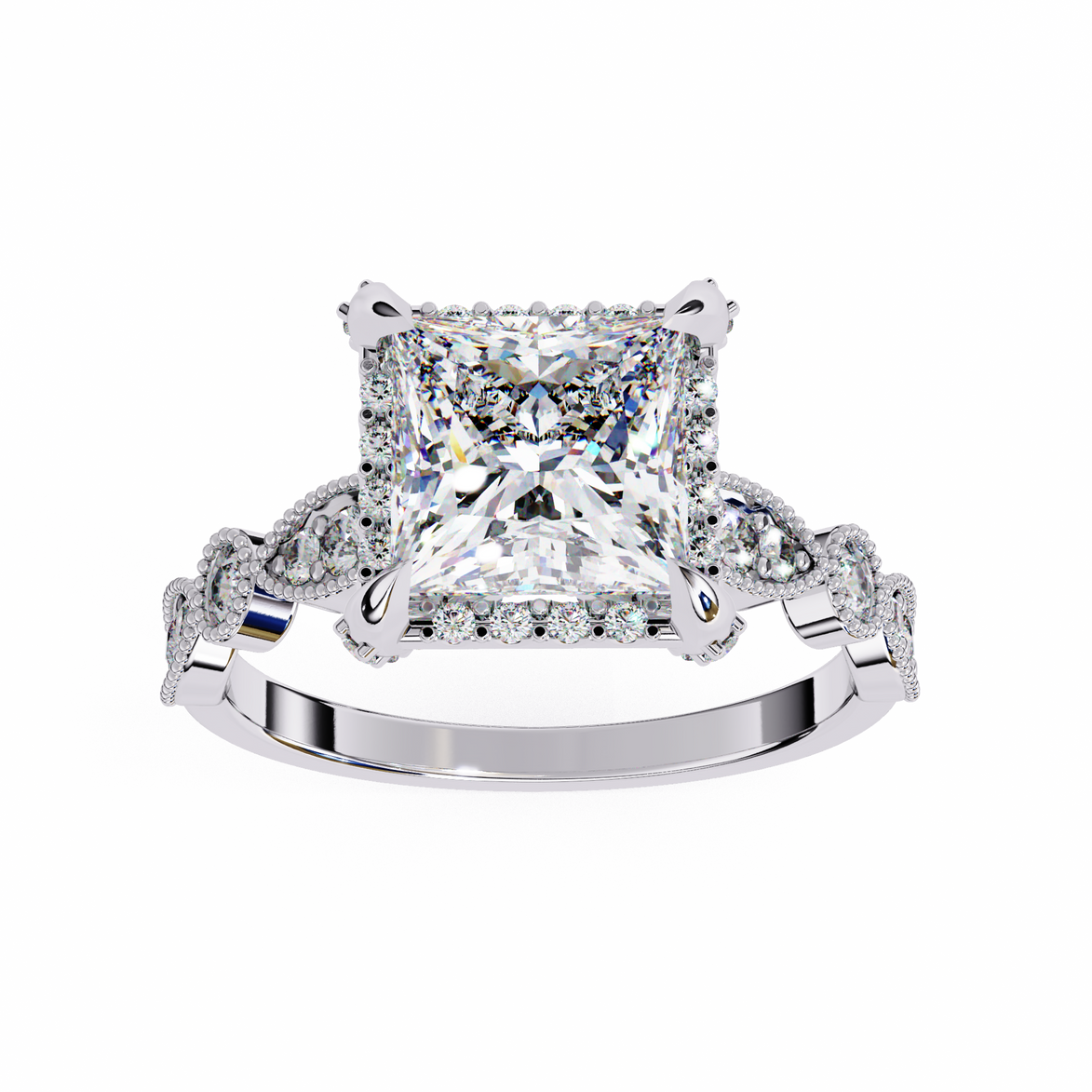 Diamond ring with a large central gemstone and smaller stones on a white background