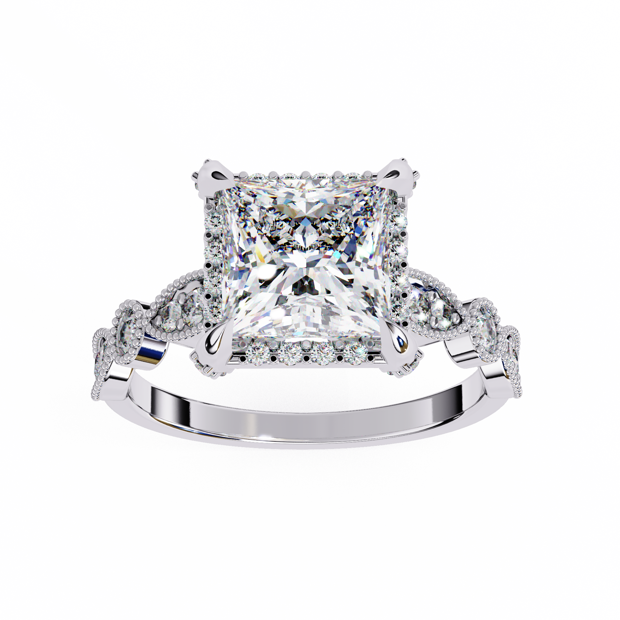 Diamond ring with a large central gemstone and smaller stones on a white background