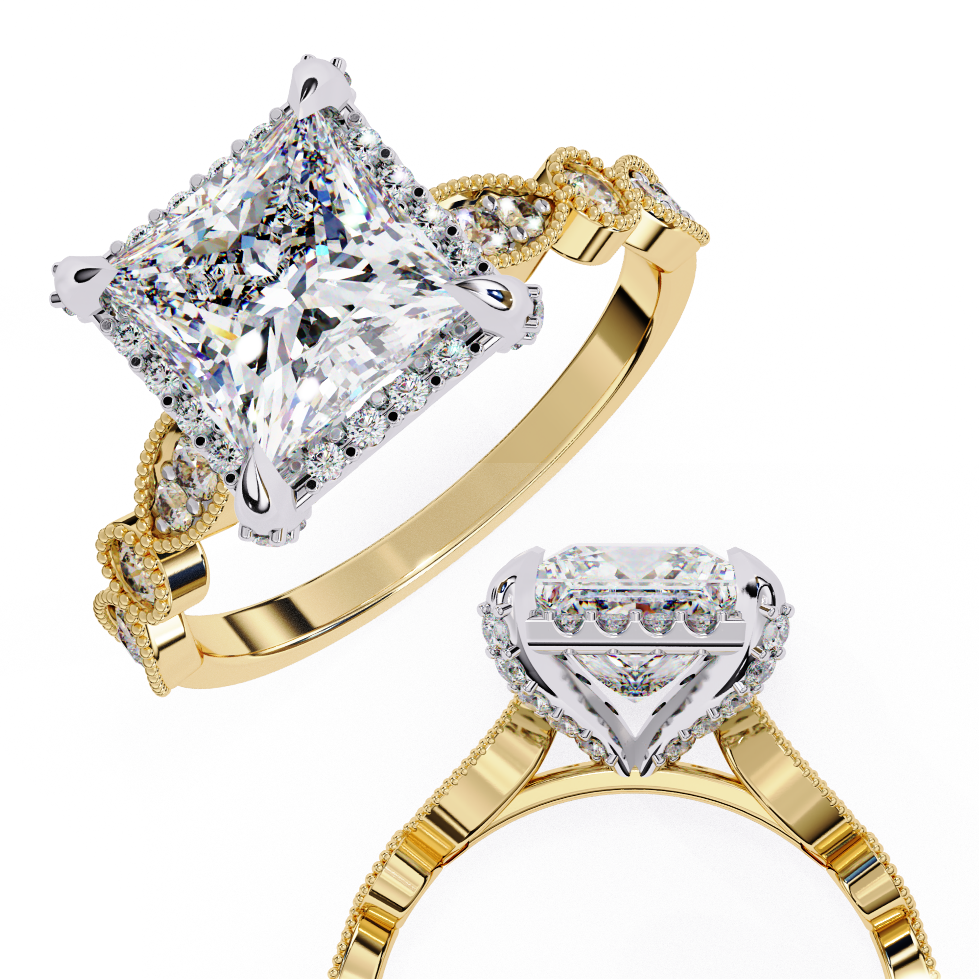 Two gold diamond rings with different diamond shapes on a white background