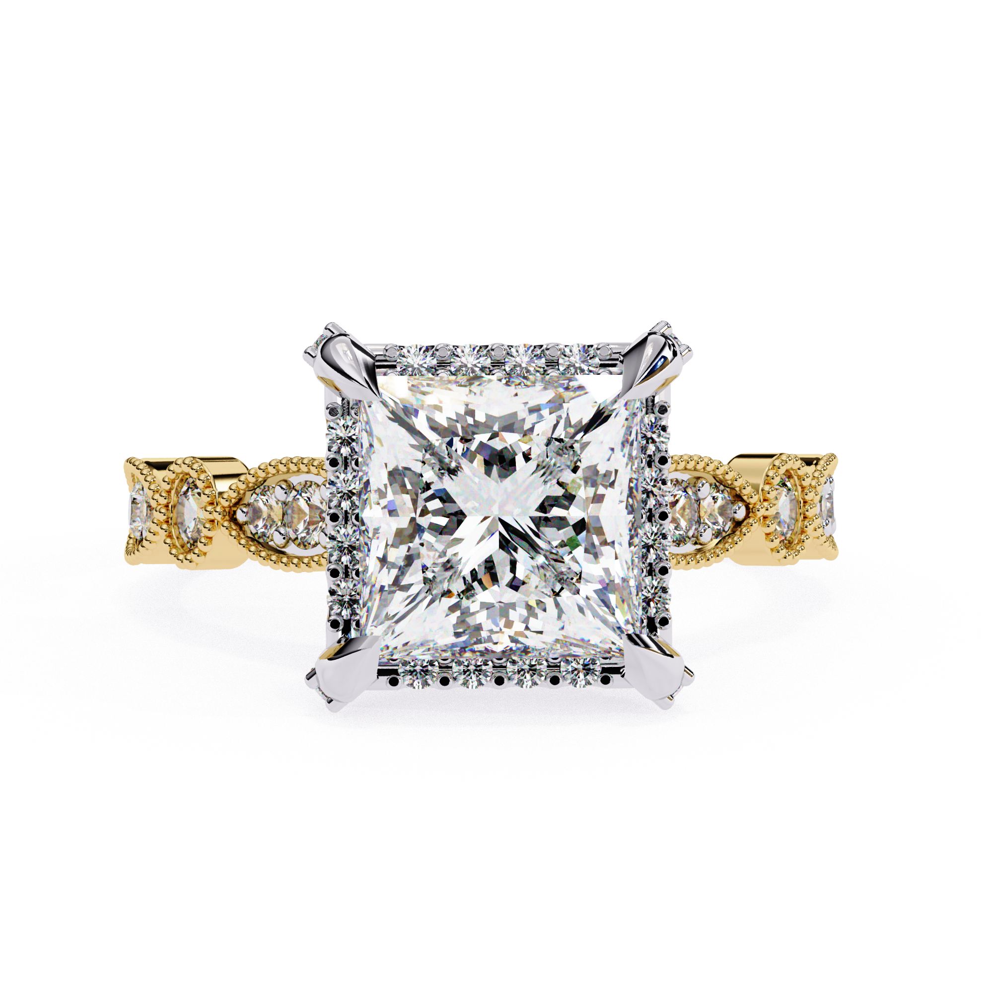 Gold and diamond ring on a white background