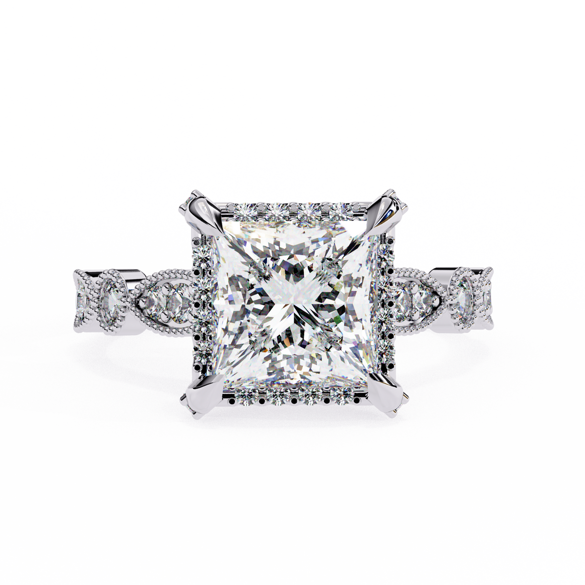 Diamond ring with a large central gemstone and smaller stones on a white background