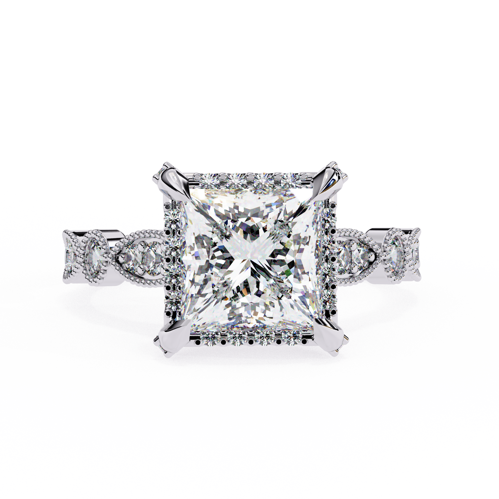 Diamond ring with a large central gemstone and smaller stones on a white background