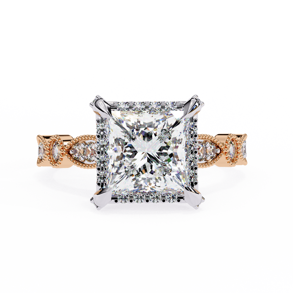 Diamond ring with rose gold accents on a white background