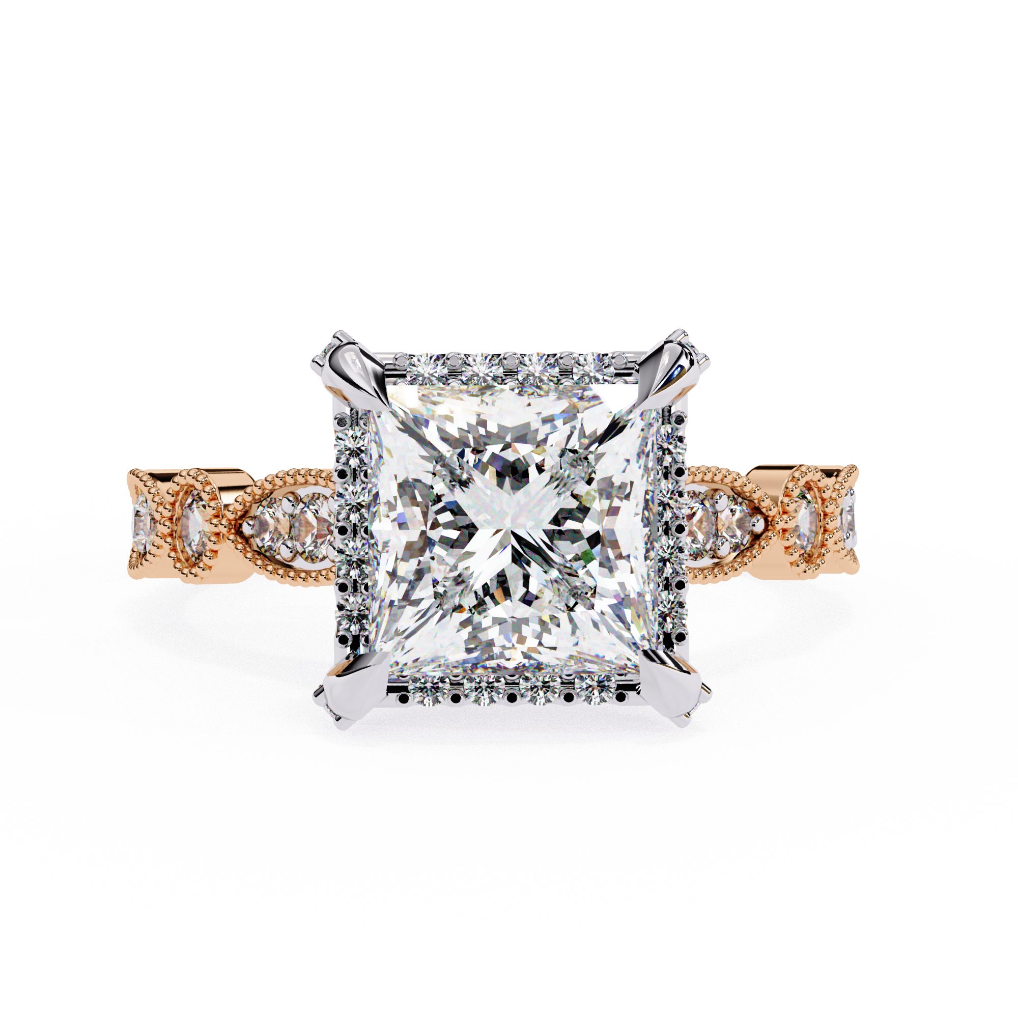Diamond ring with rose gold accents on a white background