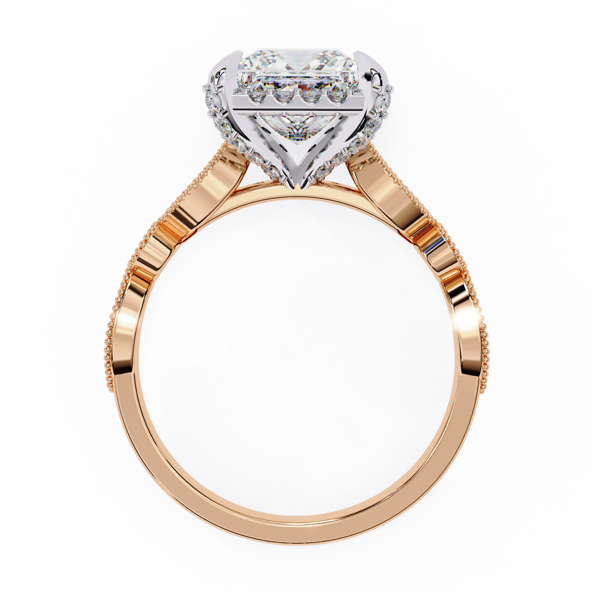 Rose gold ring with a diamond on a white background