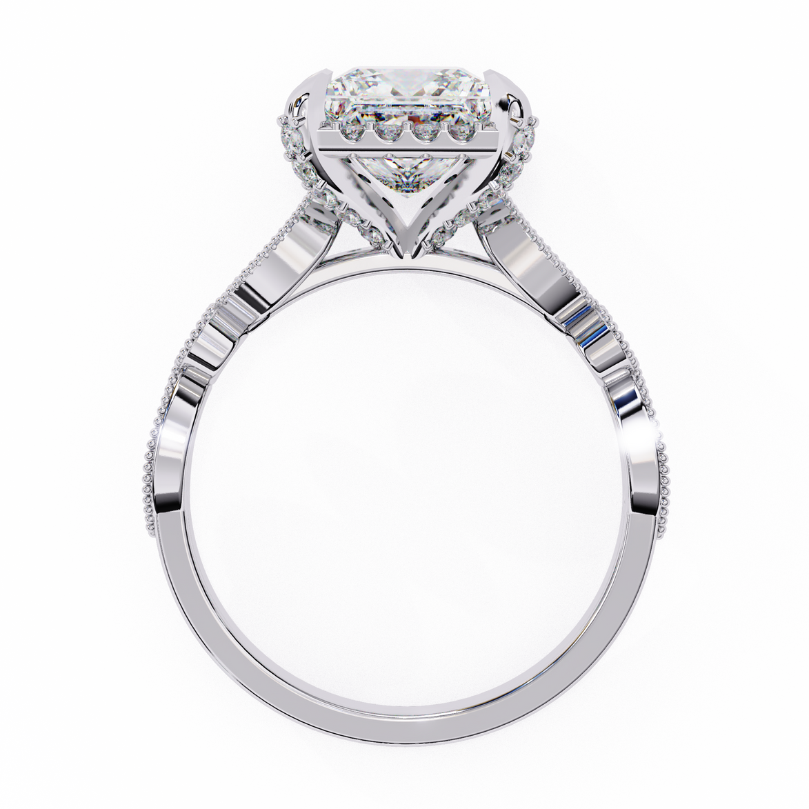 Diamond ring with a white gold band on a white background
