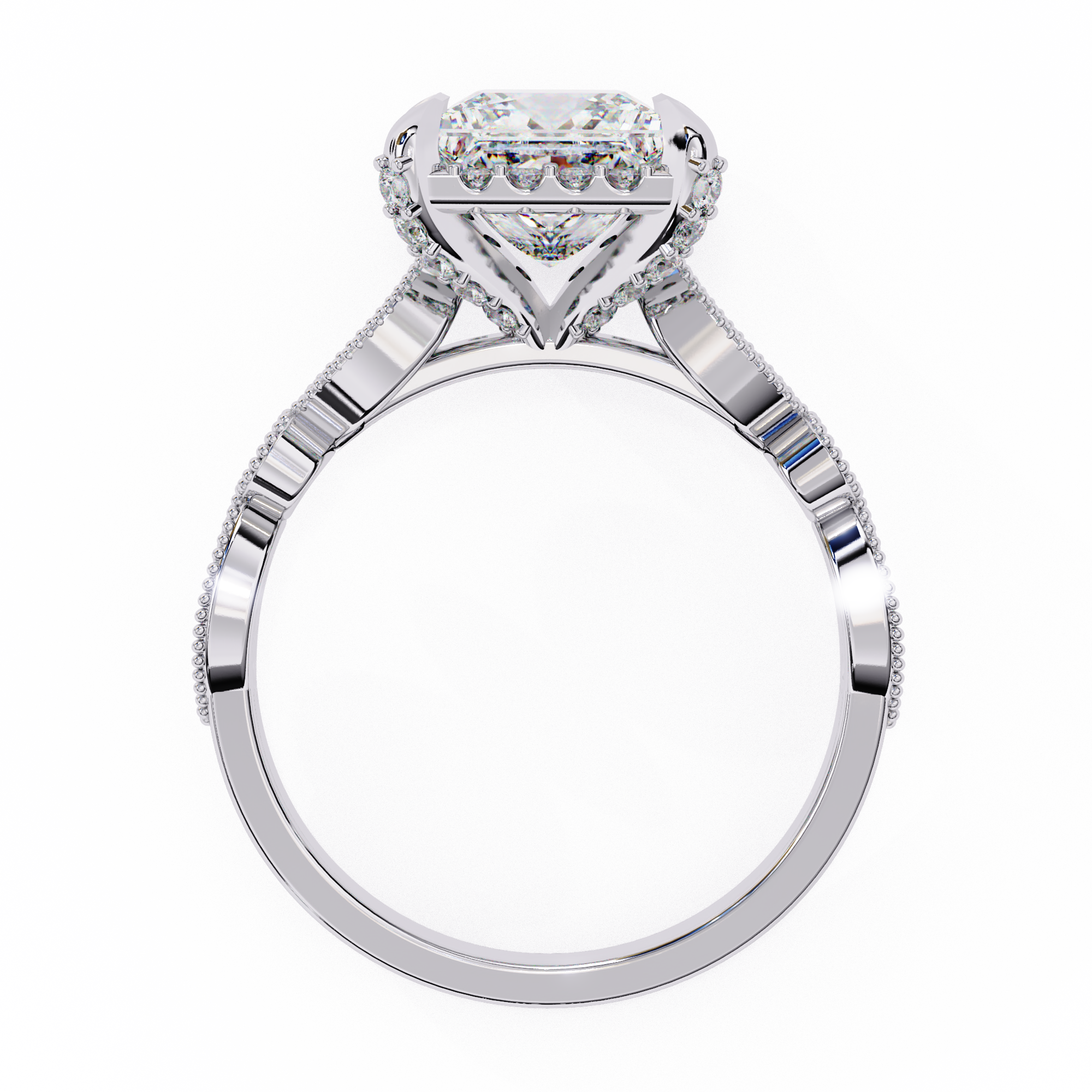Diamond ring with a white gold band on a white background