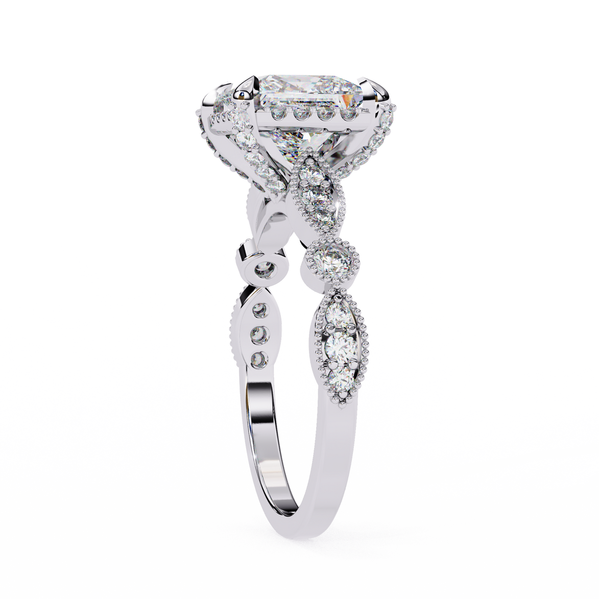 Diamond ring with a white gold band on a white background