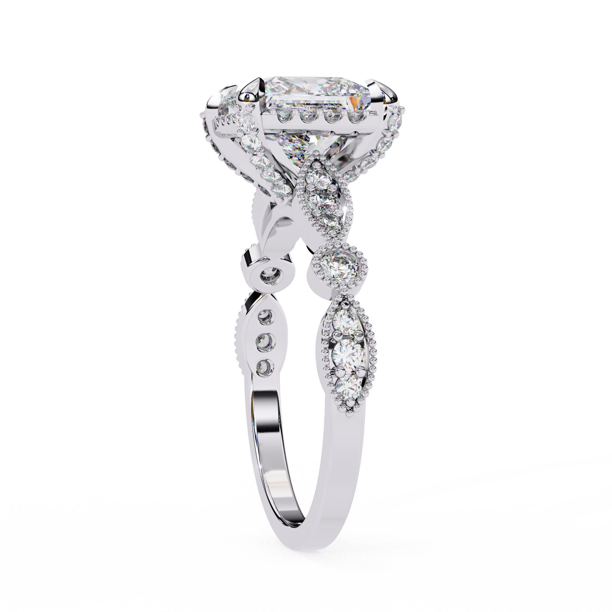 Diamond ring with a white gold band on a white background