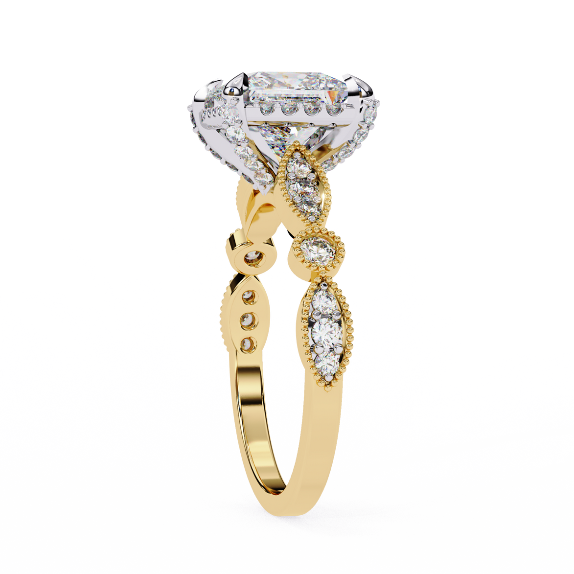 Gold ring with diamond accents on a white background