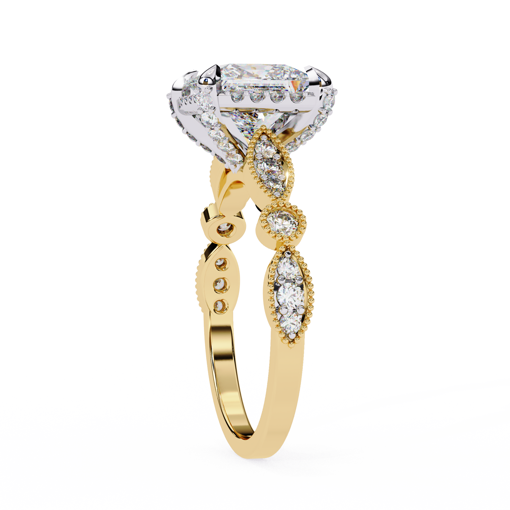 Gold ring with diamond accents on a white background