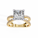 Gold ring with a large diamond and smaller diamonds on the band against a white background