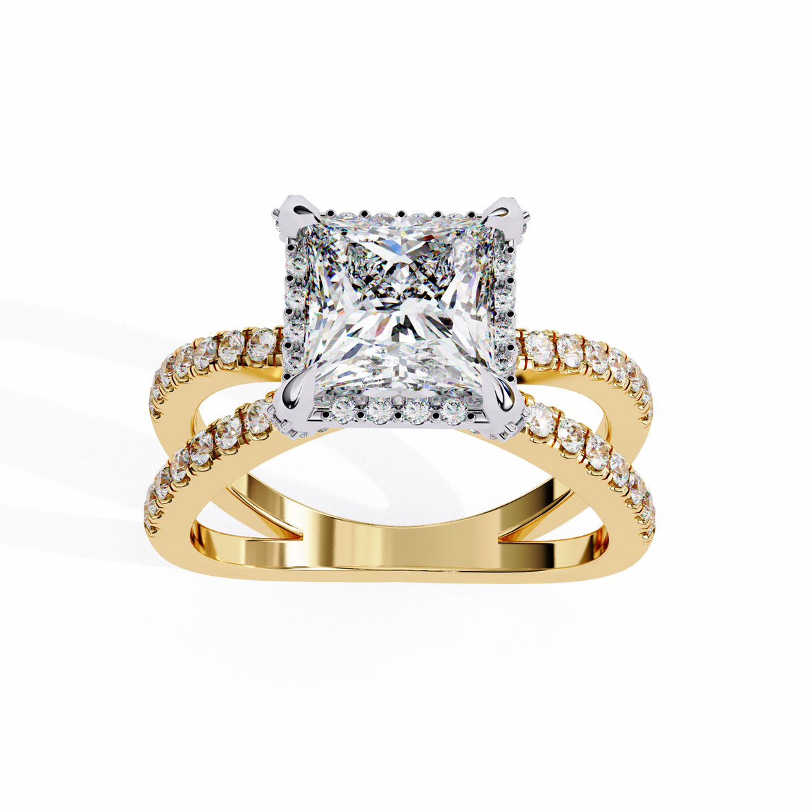 Gold ring with a large diamond and smaller diamonds on the band against a white background