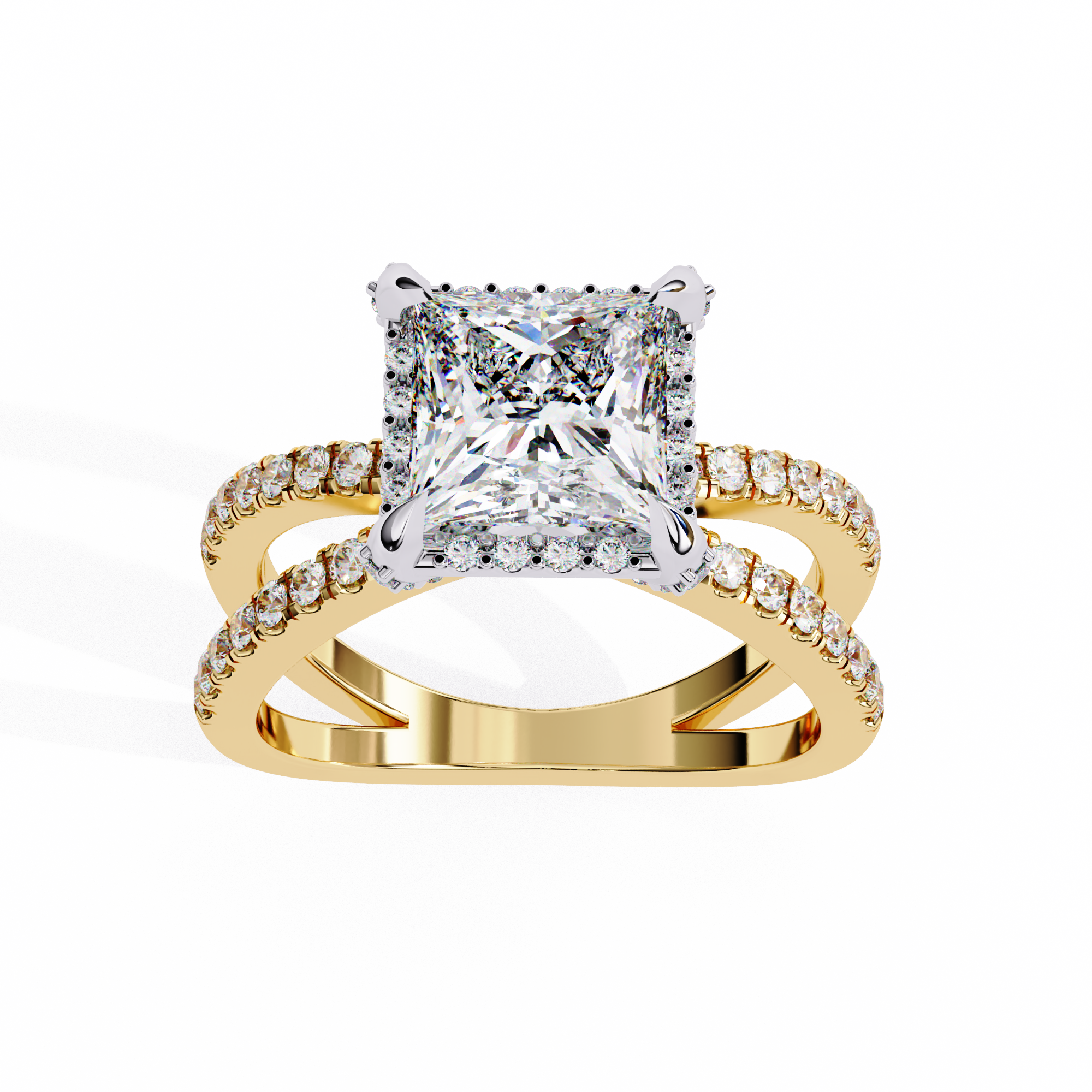 Gold ring with a large diamond and smaller diamonds on the band against a white background