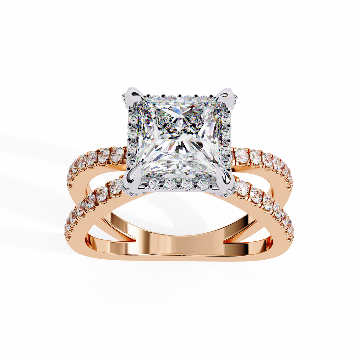 Rose gold ring with a large diamond and smaller diamonds on the band against a white background