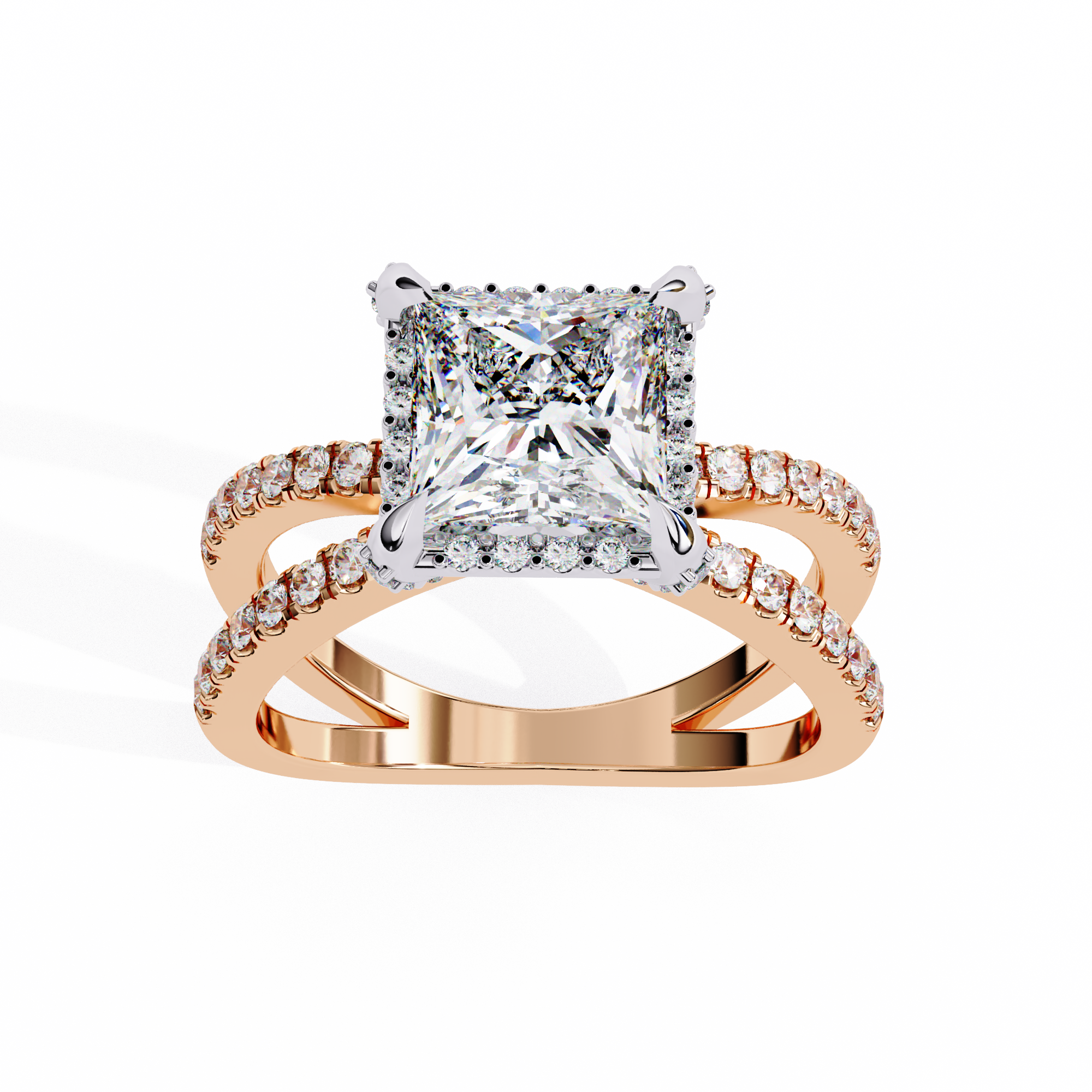 Rose gold ring with a large diamond and smaller diamonds on the band against a white background