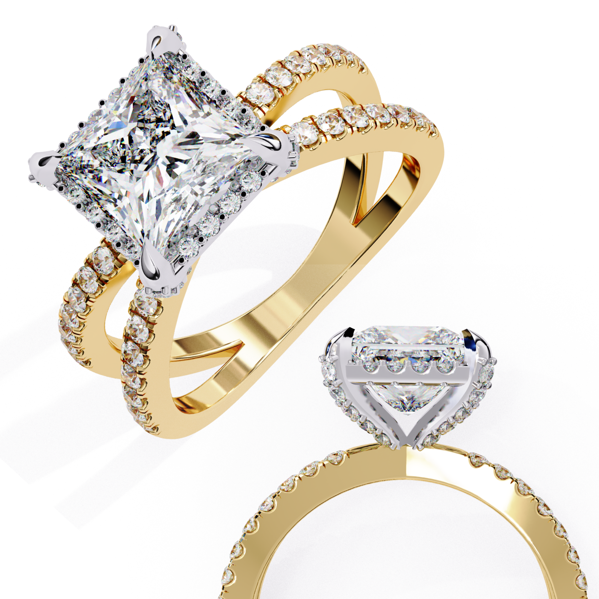 Gold rings with diamond accents on a white background