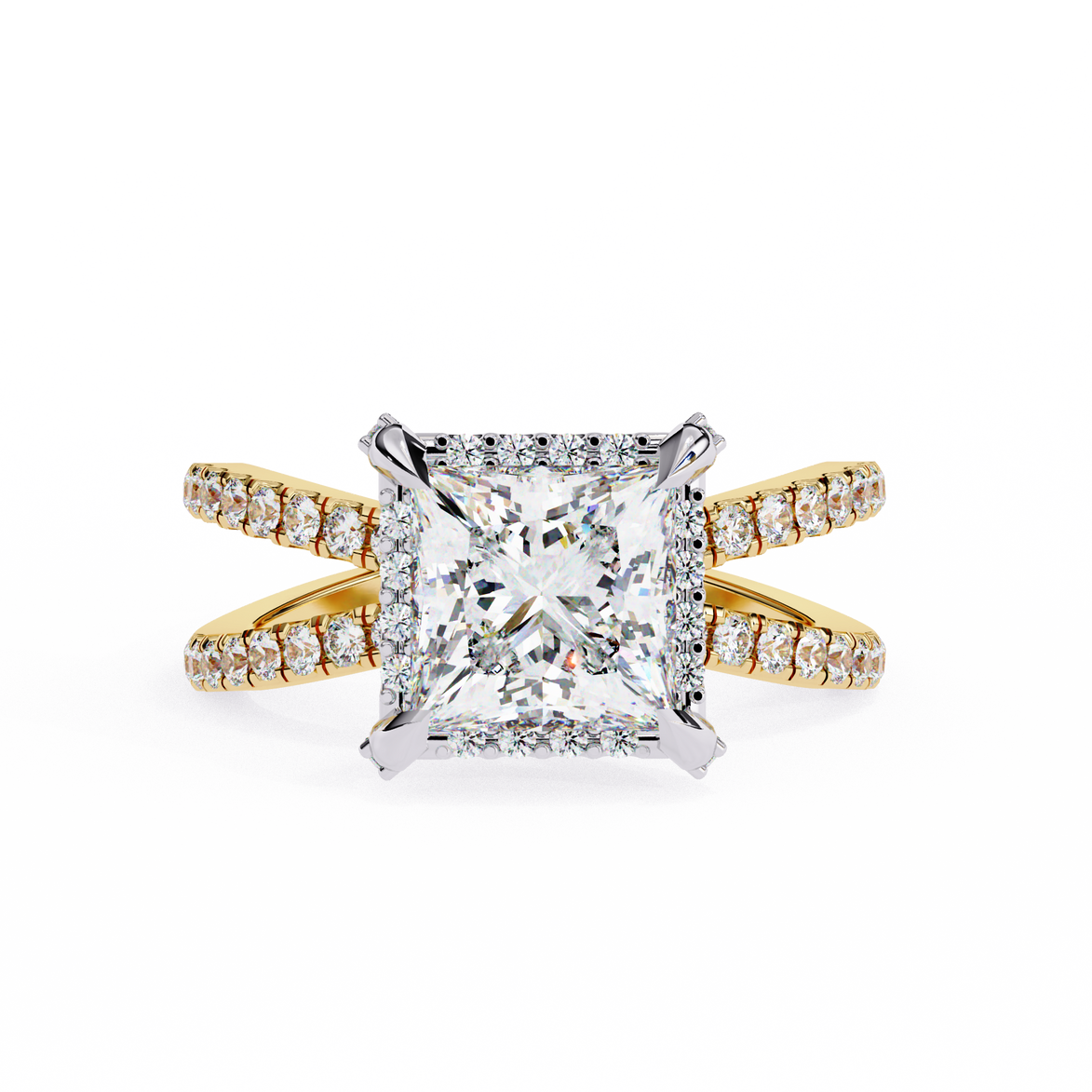 Diamond ring with gold and silver band on a white background