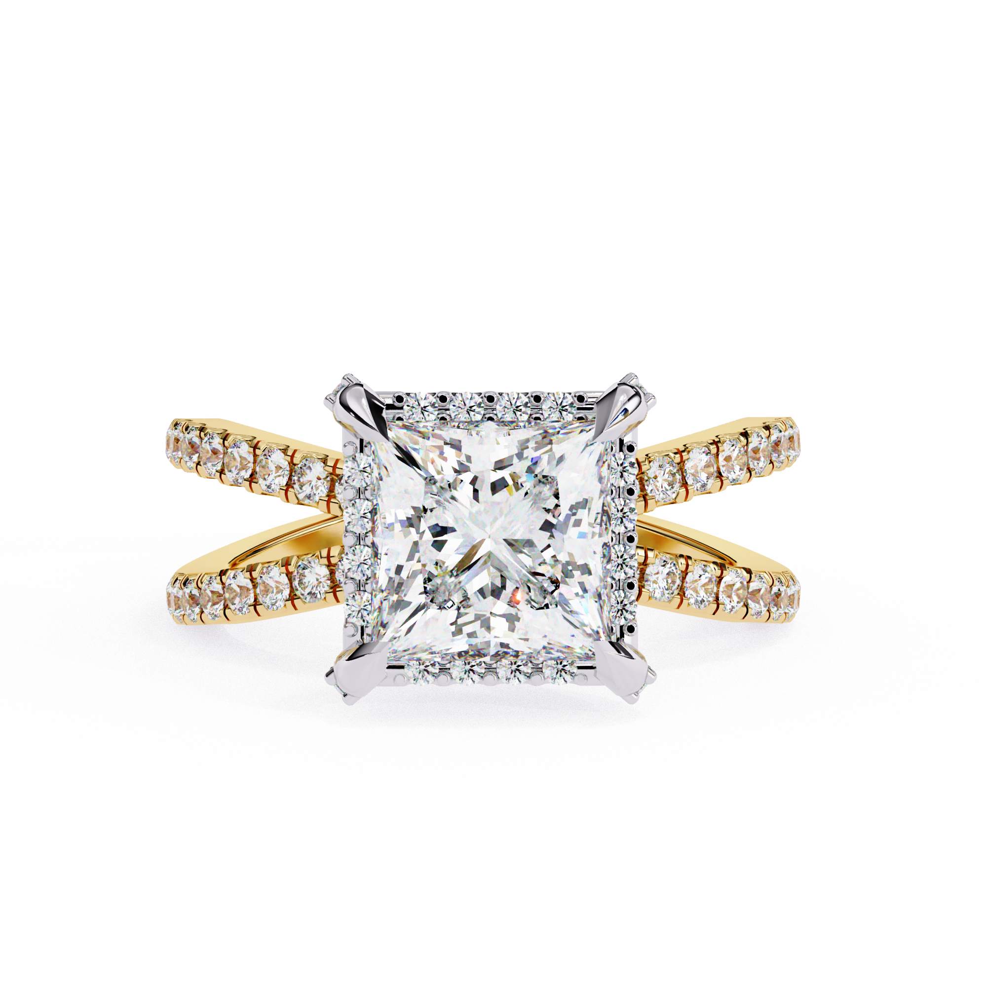 Diamond ring with gold and silver band on a white background