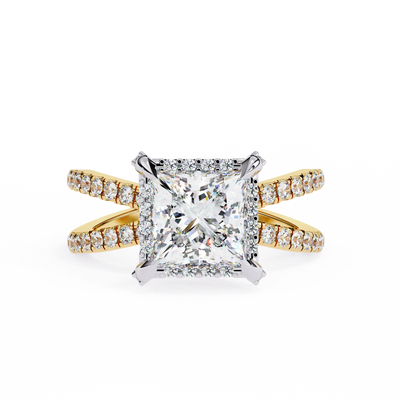 Diamond ring with gold and silver band on a white background