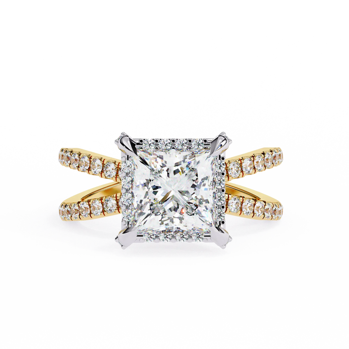 Diamond ring with gold and silver band on a white background