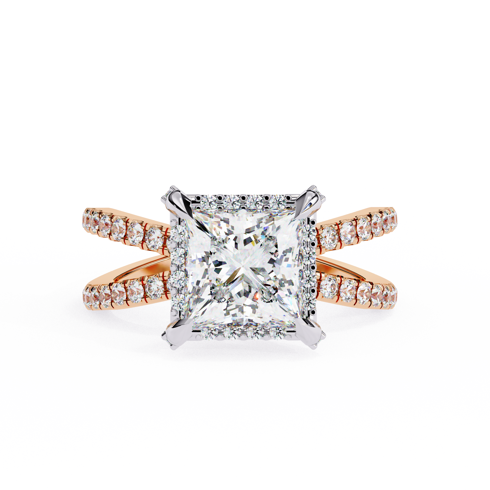 Diamond ring with rose gold and white gold band on a white background