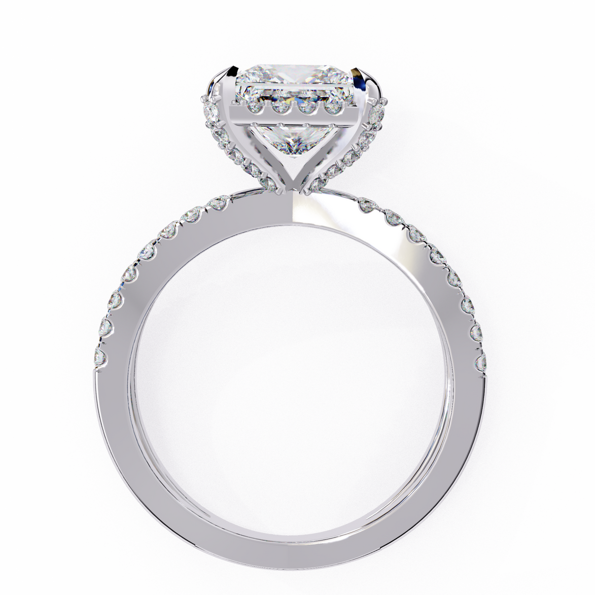 Diamond ring with a white gold band on a white background